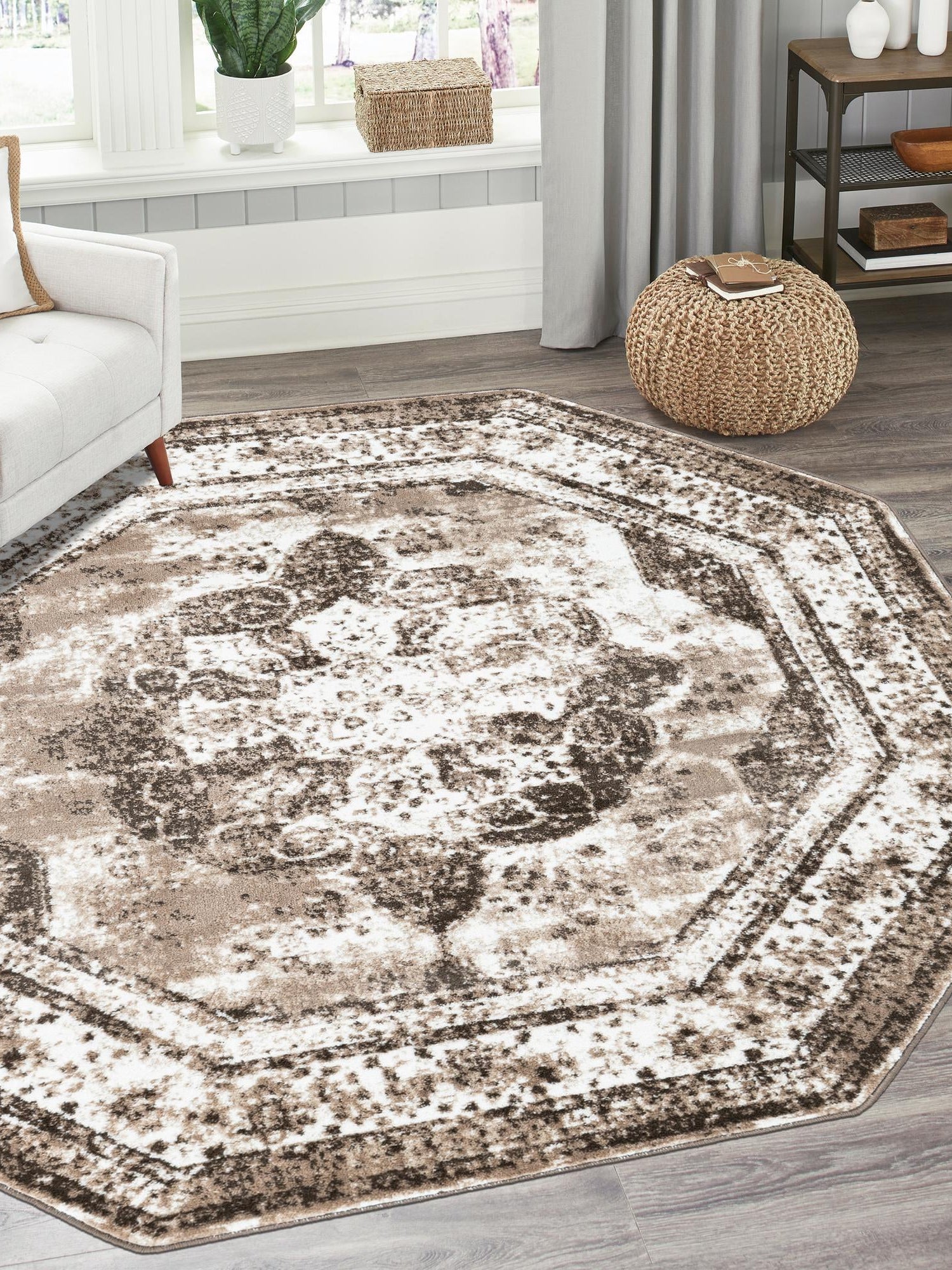 Light Brown 7' 10 x 7' 10 Sofia Octagon Area Rug Durable Easy Clean Stain Resistant Unique Carpet for Affordable Interior Home Design for Sale at Rug Engine