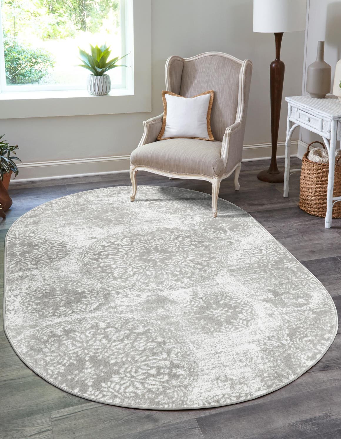 Light Gray 7' 10 x 10' Sofia Oval Area Rug Durable Easy Clean Stain Resistant Unique Carpet for Affordable Interior Home Design for Sale at Rug Engine