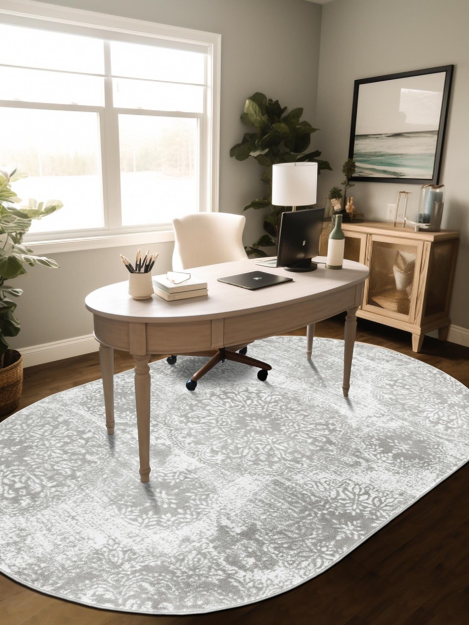 Light Gray 7' 10 x 10' Sofia Oval Area Rug Durable Easy Clean Stain Resistant Unique Carpet for Affordable Interior Home Design for Sale at Rug Engine