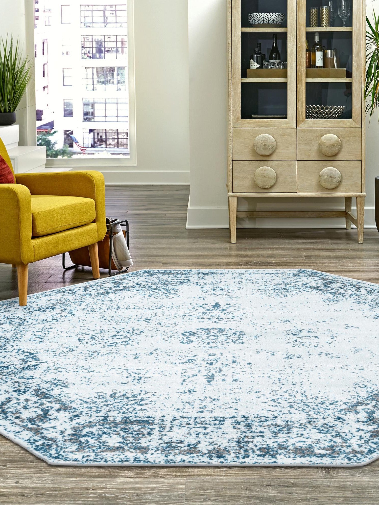 Light Blue 4' 1 x 4' 1 Sofia Octagon Area Rug Durable Easy Clean Stain Resistant Unique Carpet for Affordable Interior Home Design for Sale at Rug Engine