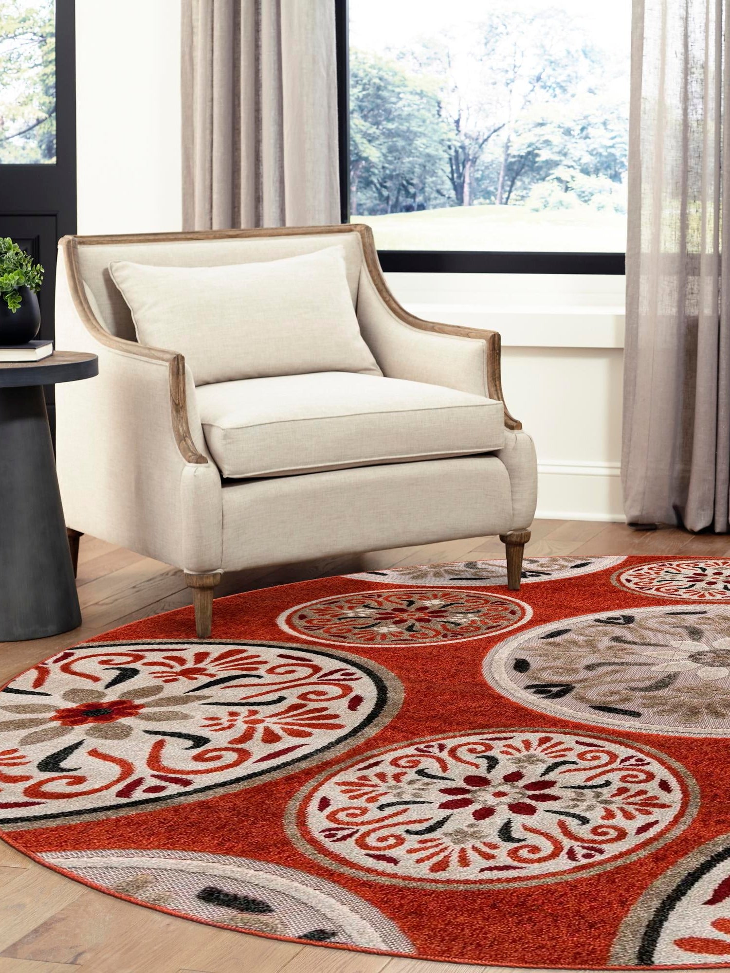 Terracotta 4' 1 x 4' 1 Outdoor Modern Round Area Rug Weather Resistant for Patio, Deck, Terrace, Balcony, Porch 100% Polypropylene Modern Outside Carpet for Sale at Rug Engine