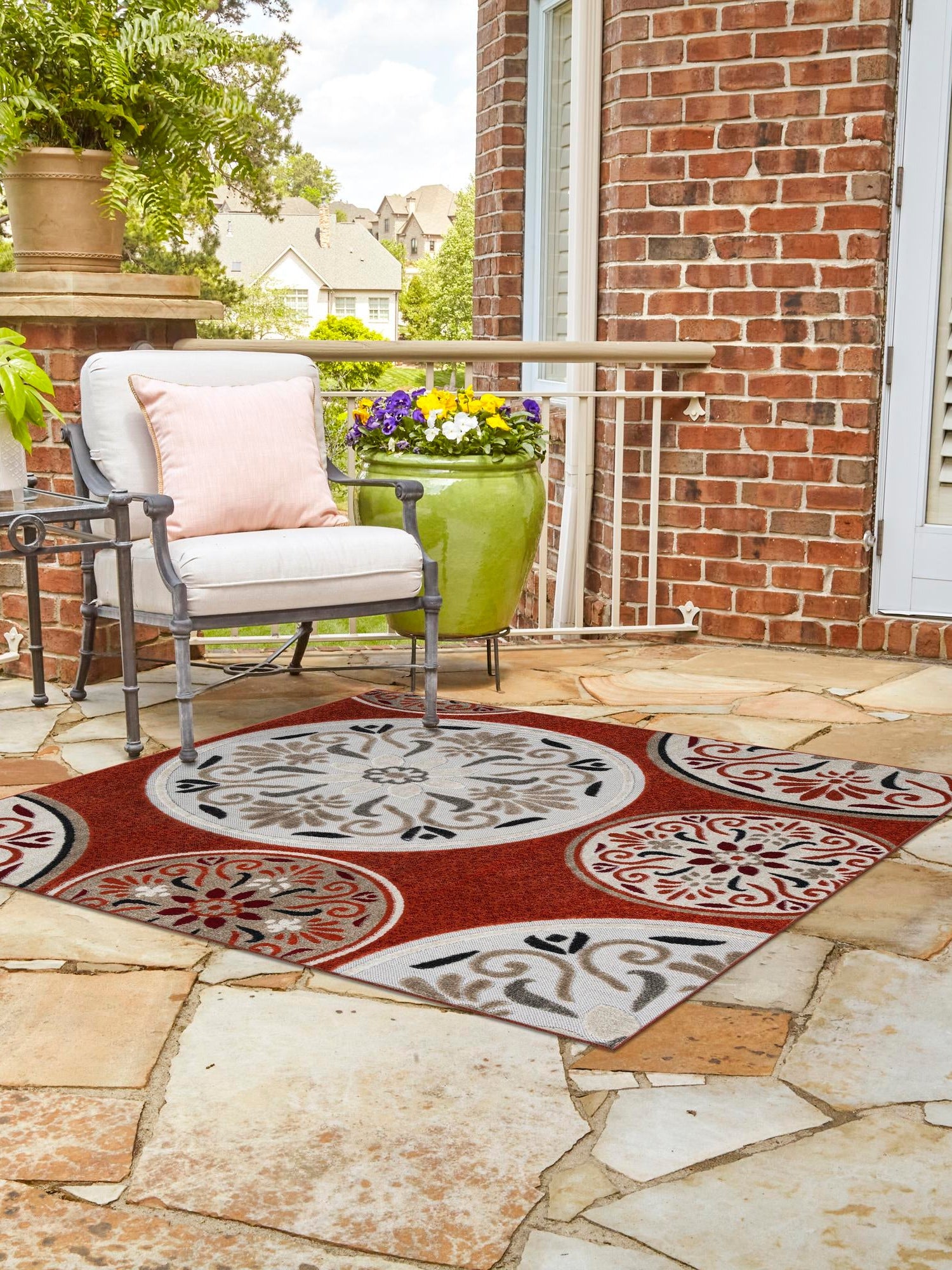 Terracotta 7' 10 x 7' 10 Outdoor Modern Square Area Rug Weather Resistant for Patio, Deck, Terrace, Balcony, Porch 100% Polypropylene Modern Outside Carpet for Sale at Rug Engine