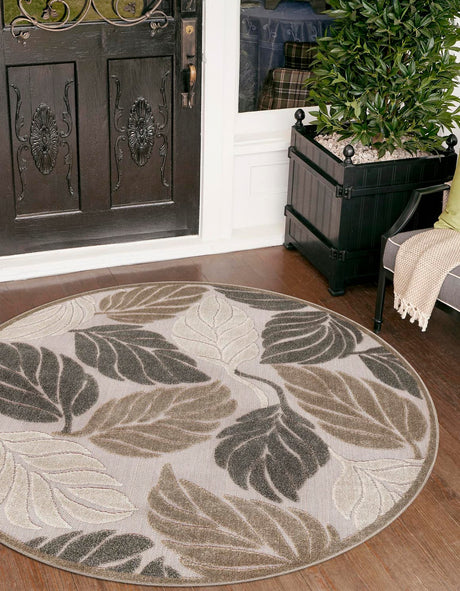 Beige 5' 3 x 5' 3 Outdoor Botanical Round Rug