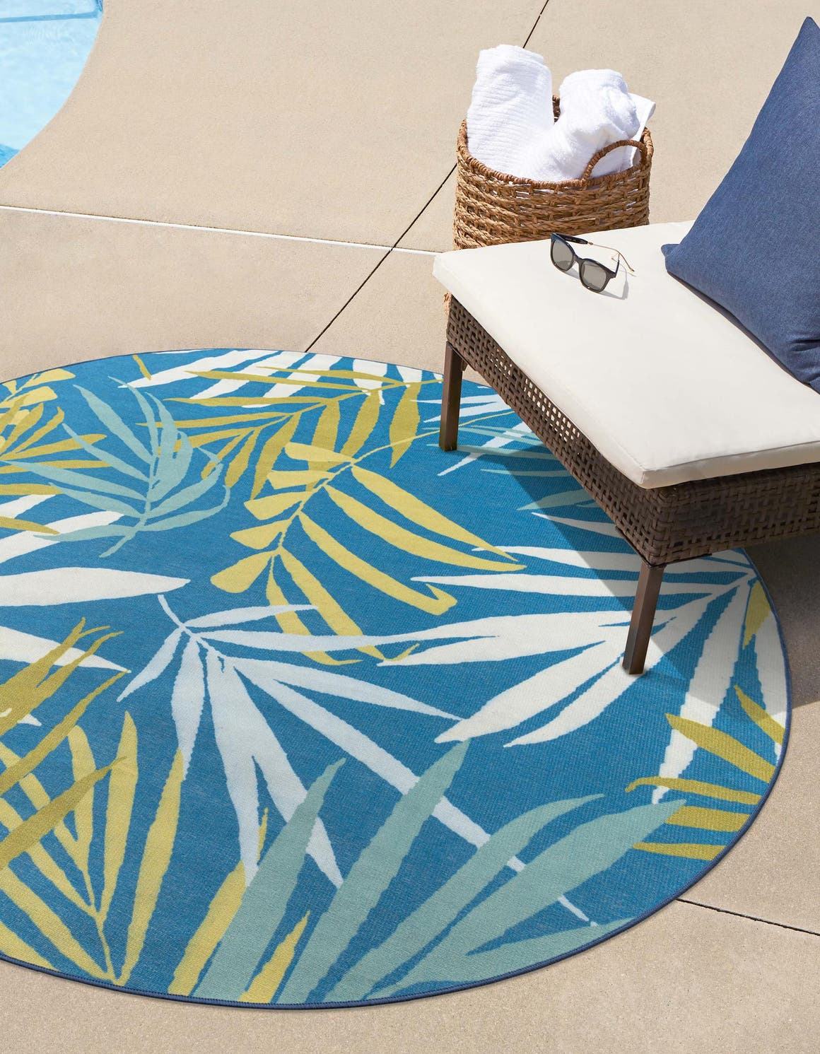 Blue 3' 3 x 3' 3 Jill Zarin Caribbean Outdoor Round Area Rug Weather Resistant for Patio, Deck, Terrace, Balcony, Porch 100% Premium Nylon Pile Coastal Carpet for Sale at Rug Engine