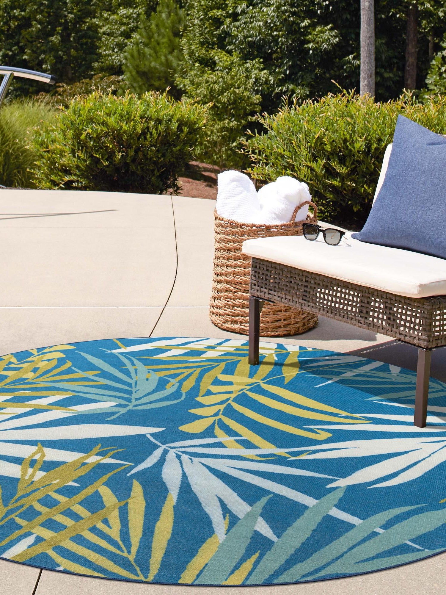 Blue 10' x 10' Jill Zarin Caribbean Outdoor Round Area Rug Weather Resistant for Patio, Deck, Terrace, Balcony, Porch 100% Premium Nylon Pile Coastal Carpet for Sale at Rug Engine