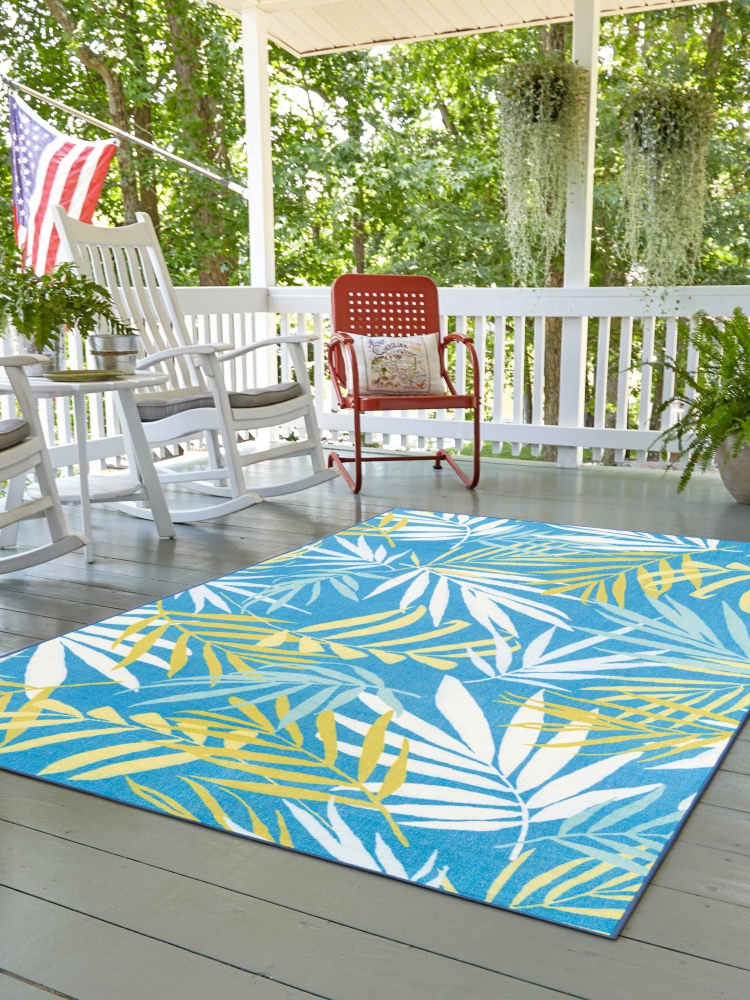 Blue 4' 1 x 6' 1 Jill Zarin Caribbean Outdoor Rectangle Area Rug Weather Resistant for Patio, Deck, Terrace, Balcony, Porch 100% Premium Nylon Pile Coastal Carpet for Sale at Rug Engine