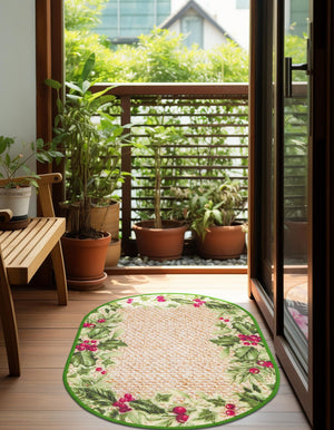 Beige and Green 2' x 3' 1 Jill Zarin Caribbean Outdoor Oval Rug