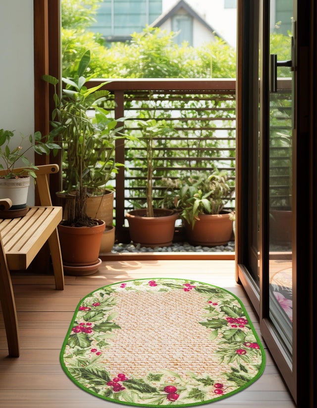 Beige and Green 2' x 3' 1 Jill Zarin Caribbean Outdoor Oval Rug
