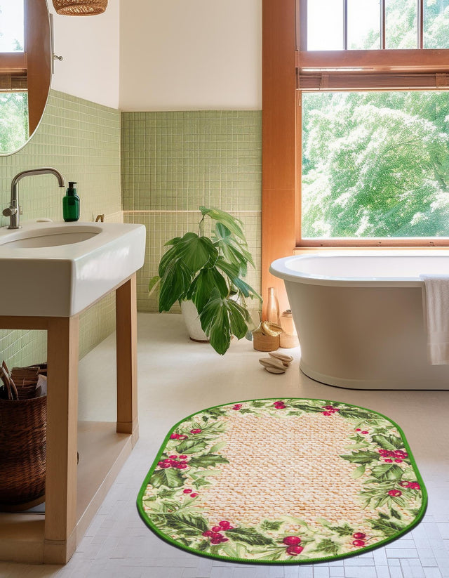 Beige and Green 2' x 3' 1 Jill Zarin Caribbean Outdoor Oval Rug