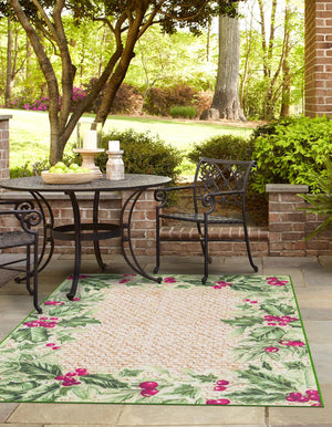 Beige and Green 9' x 12' Jill Zarin Caribbean Outdoor Rectangle Area Rug Weather Resistant for Patio, Deck, Terrace, Balcony, Porch 100% Premium Nylon Pile Coastal Carpet for Sale at Rug Engine