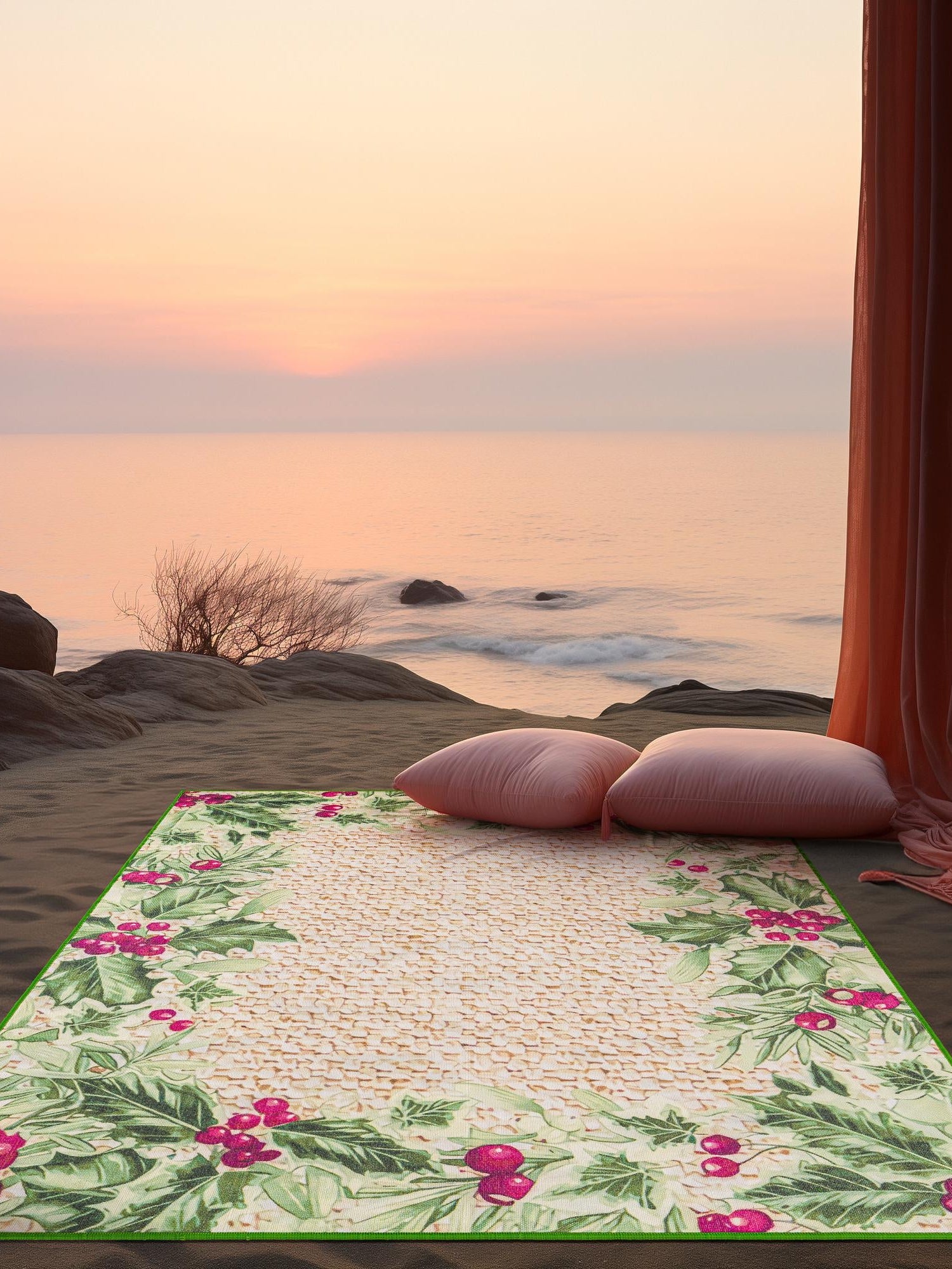 Beige and Green 5' 3 x 8' Jill Zarin Caribbean Outdoor Rectangle Area Rug Weather Resistant for Patio, Deck, Terrace, Balcony, Porch 100% Premium Nylon Pile Coastal Carpet for Sale at Rug Engine