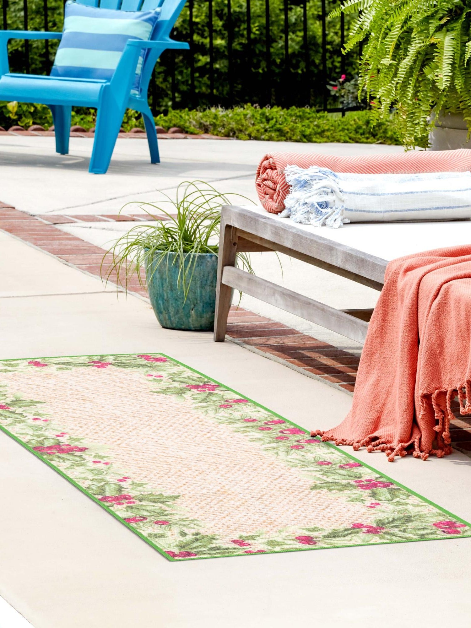 Beige and Green 2' x 5' 1 Jill Zarin Caribbean Outdoor Runner Area Rug Weather Resistant for Patio, Deck, Terrace, Balcony, Porch 100% Premium Nylon Pile Coastal Carpet for Sale at Rug Engine