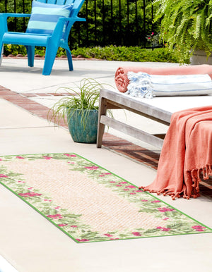 Beige and Green 2' x 6' 1 Jill Zarin Caribbean Outdoor Runner Area Rug Weather Resistant for Patio, Deck, Terrace, Balcony, Porch 100% Premium Nylon Pile Coastal Carpet for Sale at Rug Engine