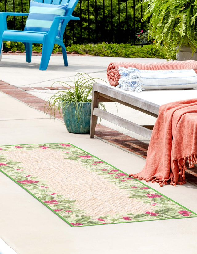 Beige and Green 2' x 6' 1 Jill Zarin Caribbean Outdoor Runner Area Rug Weather Resistant for Patio, Deck, Terrace, Balcony, Porch 100% Premium Nylon Pile Coastal Carpet for Sale at Rug Engine