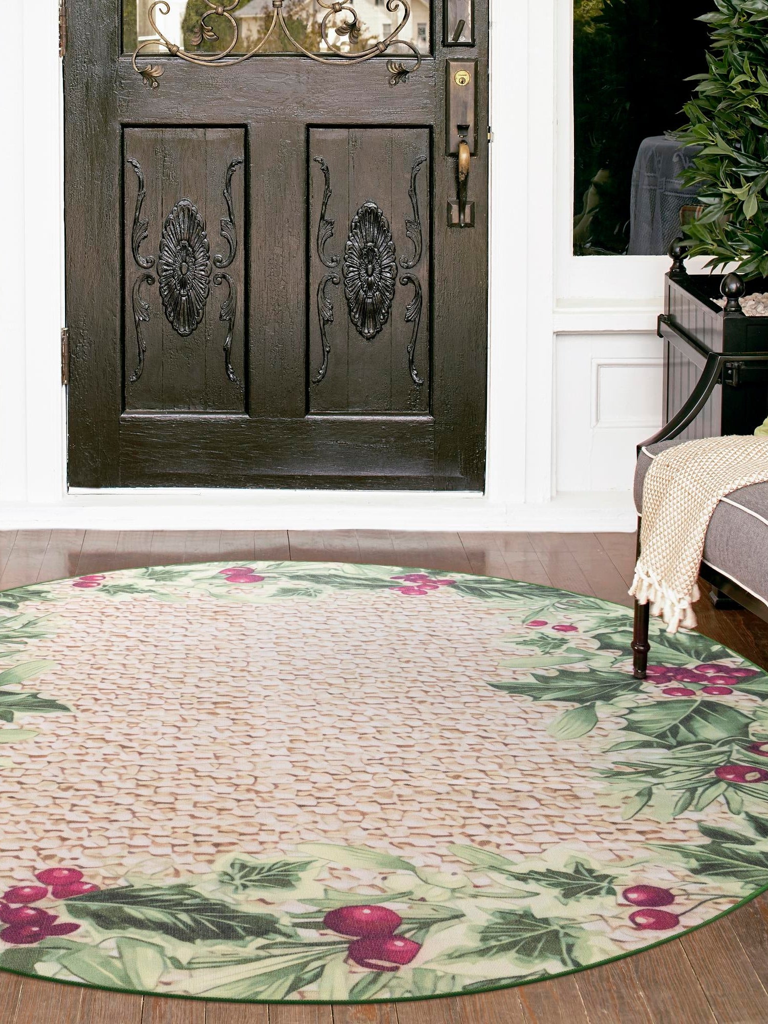 Beige and Green 10' x 10' Jill Zarin Caribbean Outdoor Round Area Rug Weather Resistant for Patio, Deck, Terrace, Balcony, Porch 100% Premium Nylon Pile Coastal Carpet for Sale at Rug Engine