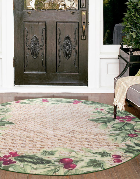 Beige and Green 10' x 10' Jill Zarin Caribbean Outdoor Round Rug