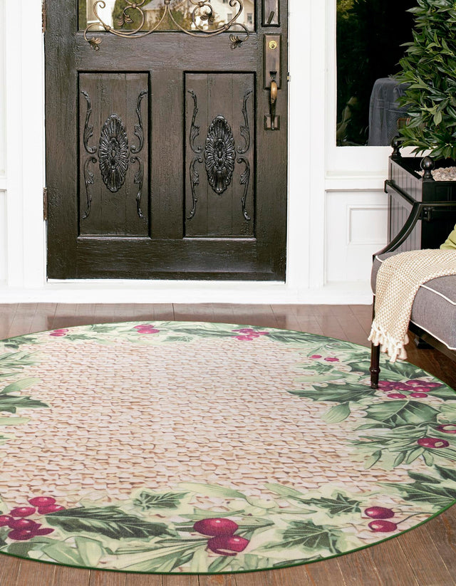 Beige and Green 7' 10 x 7' 10 Jill Zarin Caribbean Outdoor Round Area Rug Weather Resistant for Patio, Deck, Terrace, Balcony, Porch 100% Premium Nylon Pile Coastal Carpet for Sale at Rug Engine