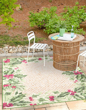 Beige and Green 7' 10 x 7' 10 Jill Zarin Caribbean Outdoor Square Area Rug Weather Resistant for Patio, Deck, Terrace, Balcony, Porch 100% Premium Nylon Pile Coastal Carpet for Sale at Rug Engine