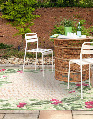 Beige and Green 7' 10 x 7' 10 Jill Zarin Caribbean Outdoor Square Area Rug Weather Resistant for Patio, Deck, Terrace, Balcony, Porch 100% Premium Nylon Pile Coastal Carpet for Sale at Rug Engine