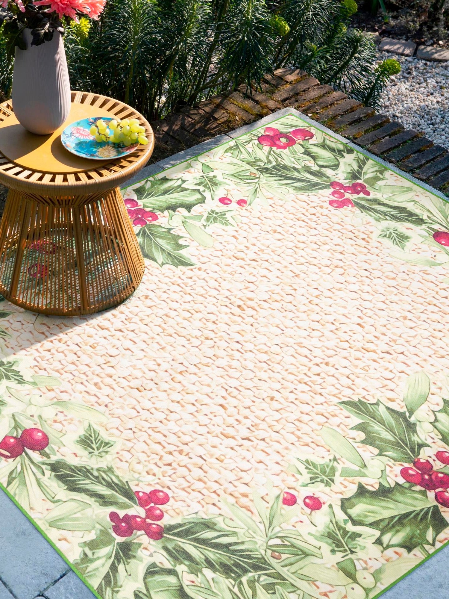 Beige and Green 7' 10 x 7' 10 Jill Zarin Caribbean Outdoor Square Area Rug Weather Resistant for Patio, Deck, Terrace, Balcony, Porch 100% Premium Nylon Pile Coastal Carpet for Sale at Rug Engine