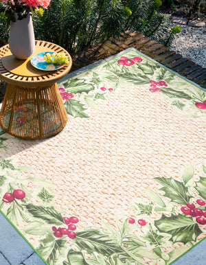 Beige and Green 7' 10 x 7' 10 Jill Zarin Caribbean Outdoor Square Area Rug Weather Resistant for Patio, Deck, Terrace, Balcony, Porch 100% Premium Nylon Pile Coastal Carpet for Sale at Rug Engine