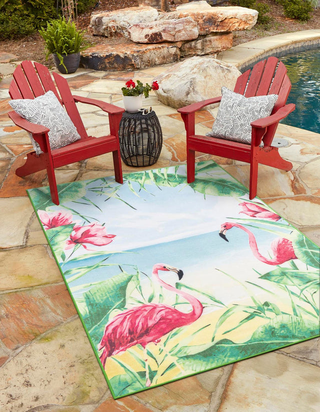 Blue and Green 10' x 13' Jill Zarin Caribbean Outdoor Rectangle Area Rug Weather Resistant for Patio, Deck, Terrace, Balcony, Porch 100% Premium Nylon Pile Coastal Carpet for Sale at Rug Engine