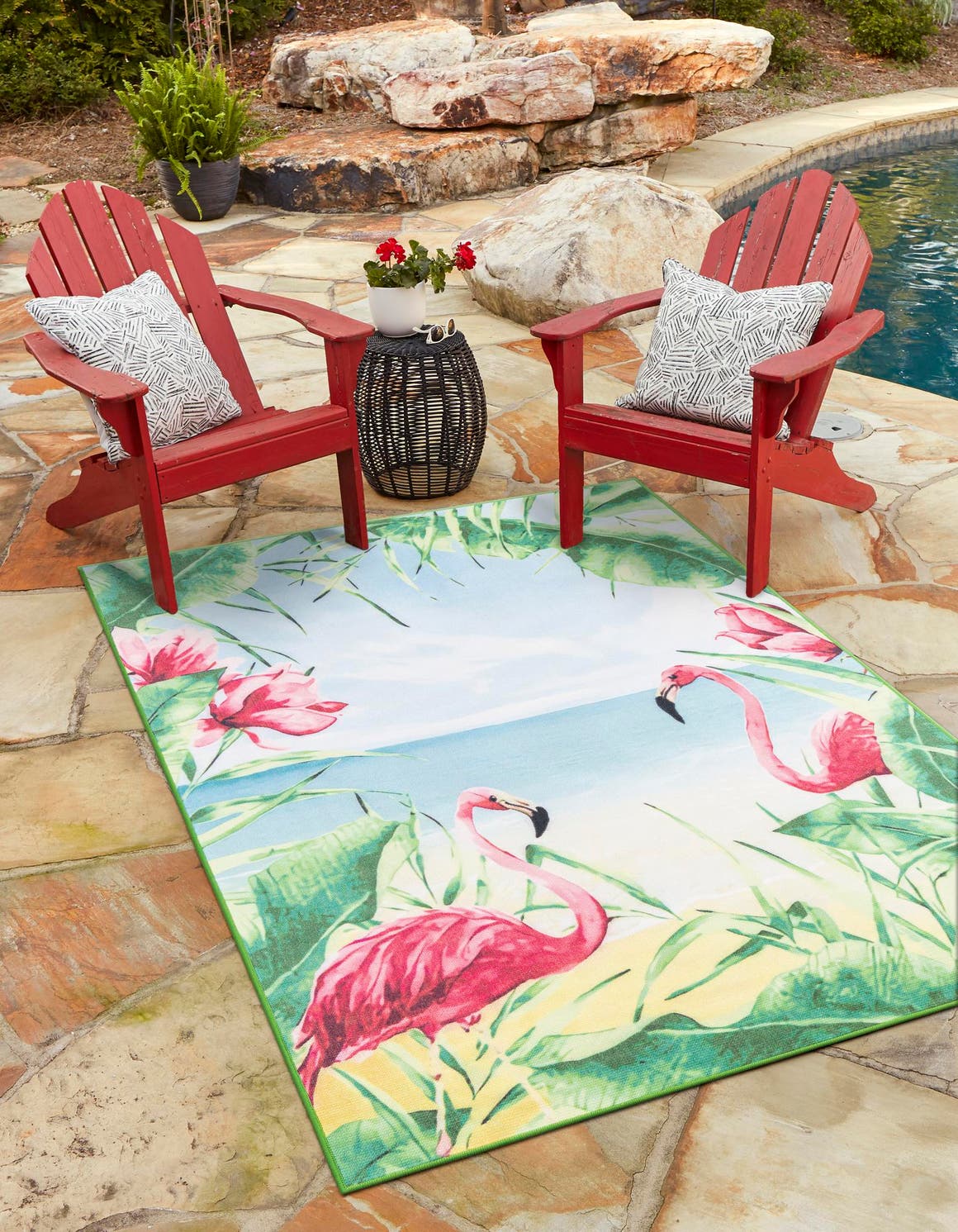 Blue and Green 4' 1 x 6' 1 Jill Zarin Caribbean Outdoor Rectangle Area Rug Weather Resistant for Patio, Deck, Terrace, Balcony, Porch 100% Premium Nylon Pile Coastal Carpet for Sale at Rug Engine