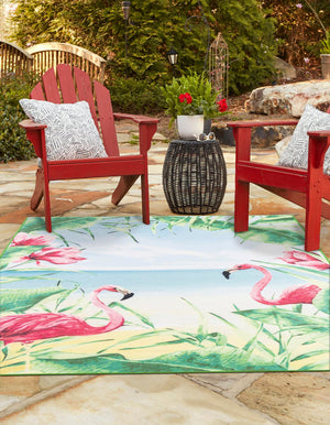 Blue and Green 4' 1 x 6' 1 Jill Zarin Caribbean Outdoor Rectangle Area Rug Weather Resistant for Patio, Deck, Terrace, Balcony, Porch 100% Premium Nylon Pile Coastal Carpet for Sale at Rug Engine