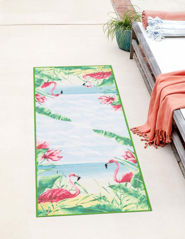 Blue and Green 2' x 10' Jill Zarin Caribbean Outdoor Runner Area Rug Weather Resistant for Patio, Deck, Terrace, Balcony, Porch 100% Premium Nylon Pile Coastal Carpet for Sale at Rug Engine