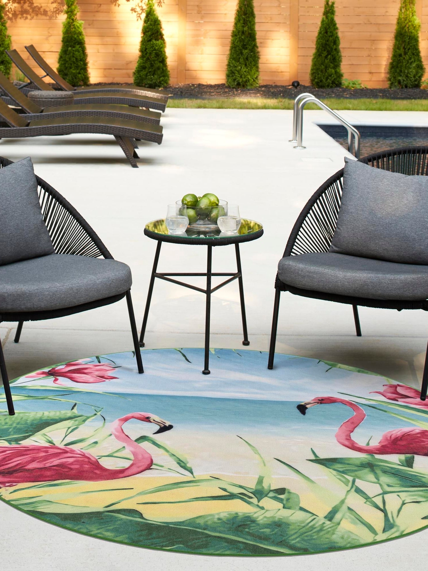 Blue and Green 8' x 8' Jill Zarin Caribbean Outdoor Round Area Rug Weather Resistant for Patio, Deck, Terrace, Balcony, Porch 100% Premium Nylon Pile Coastal Carpet for Sale at Rug Engine