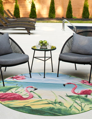 Blue and Green 8' x 8' Jill Zarin Caribbean Outdoor Round Area Rug Weather Resistant for Patio, Deck, Terrace, Balcony, Porch 100% Premium Nylon Pile Coastal Carpet for Sale at Rug Engine
