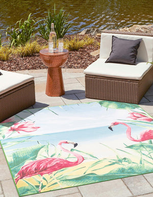 Blue and Green 10' x 10' Jill Zarin Caribbean Outdoor Square Area Rug Weather Resistant for Patio, Deck, Terrace, Balcony, Porch 100% Premium Nylon Pile Coastal Carpet for Sale at Rug Engine