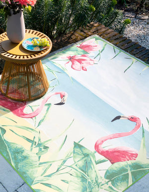 Blue and Green 10' x 10' Jill Zarin Caribbean Outdoor Square Area Rug Weather Resistant for Patio, Deck, Terrace, Balcony, Porch 100% Premium Nylon Pile Coastal Carpet for Sale at Rug Engine