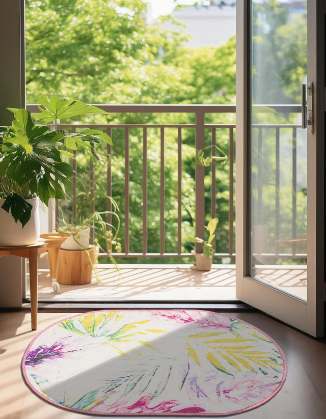 Ivory 2' x 3' 1 Jill Zarin Caribbean Outdoor Oval Area Rug Weather Resistant for Patio, Deck, Terrace, Balcony, Porch 100% Premium Nylon Pile Coastal Carpet for Sale at Rug Engine