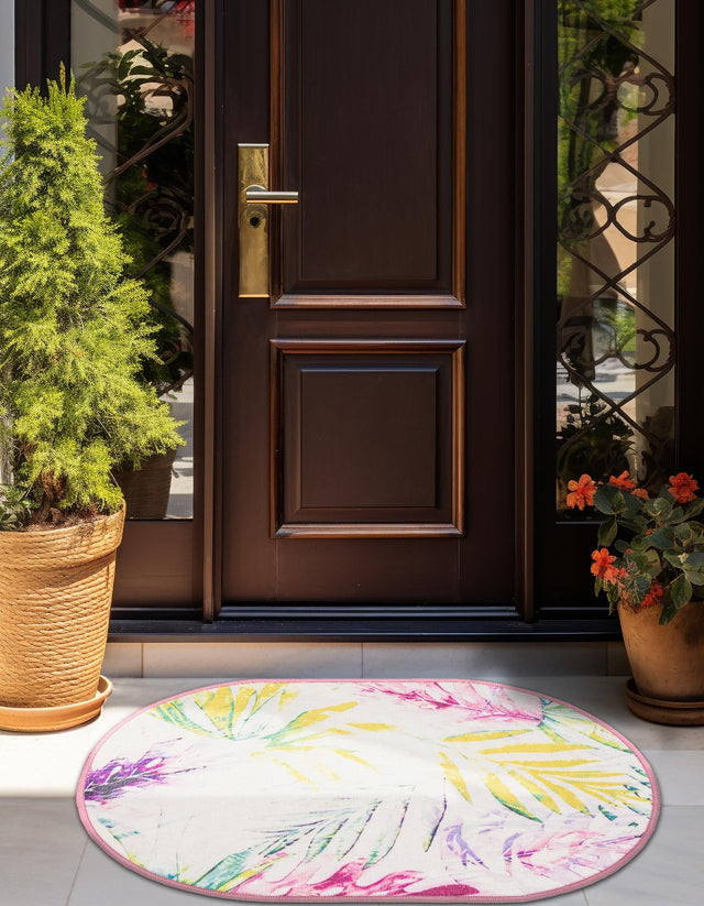 Ivory 2' x 3' 1 Jill Zarin Caribbean Outdoor Oval Area Rug Weather Resistant for Patio, Deck, Terrace, Balcony, Porch 100% Premium Nylon Pile Coastal Carpet for Sale at Rug Engine