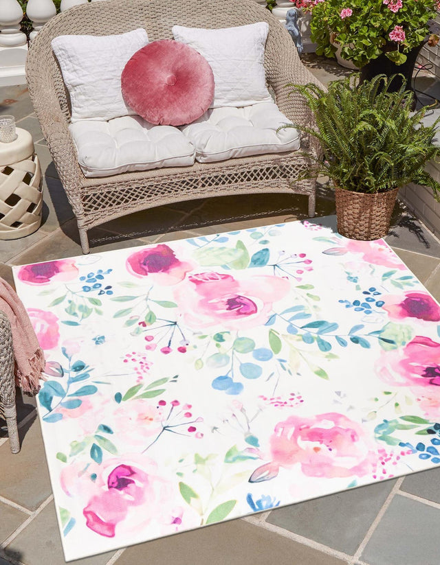 Ivory 10' x 10' Jill Zarin Caribbean Outdoor Square Area Rug Weather Resistant for Patio, Deck, Terrace, Balcony, Porch 100% Premium Nylon Pile Coastal Carpet for Sale at Rug Engine