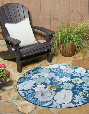 Navy Blue 7' 10 x 7' 10 Jill Zarin Caribbean Outdoor Round Area Rug Weather Resistant for Patio, Deck, Terrace, Balcony, Porch 100% Premium Nylon Pile Coastal Carpet for Sale at Rug Engine