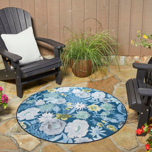 Navy Blue 7' 10 x 7' 10 Jill Zarin Caribbean Outdoor Round Area Rug Weather Resistant for Patio, Deck, Terrace, Balcony, Porch 100% Premium Nylon Pile Coastal Carpet for Sale at Rug Engine