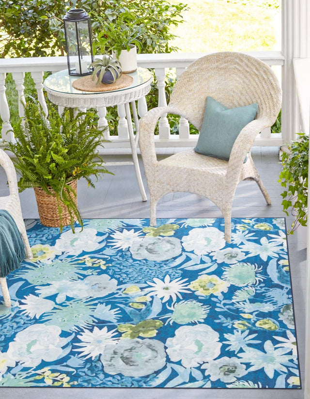 Navy Blue 7' 10 x 7' 10 Jill Zarin Caribbean Outdoor Square Area Rug Weather Resistant for Patio, Deck, Terrace, Balcony, Porch 100% Premium Nylon Pile Coastal Carpet for Sale at Rug Engine