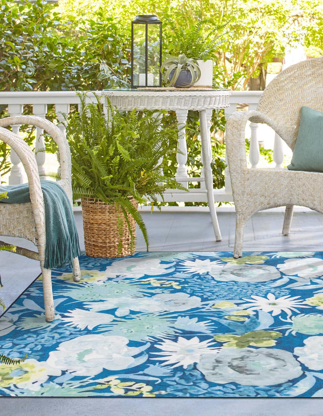 Navy Blue 7' 10 x 7' 10 Jill Zarin Caribbean Outdoor Square Area Rug Weather Resistant for Patio, Deck, Terrace, Balcony, Porch 100% Premium Nylon Pile Coastal Carpet for Sale at Rug Engine