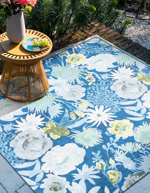 Navy Blue 7' 10 x 7' 10 Jill Zarin Caribbean Outdoor Square Area Rug Weather Resistant for Patio, Deck, Terrace, Balcony, Porch 100% Premium Nylon Pile Coastal Carpet for Sale at Rug Engine