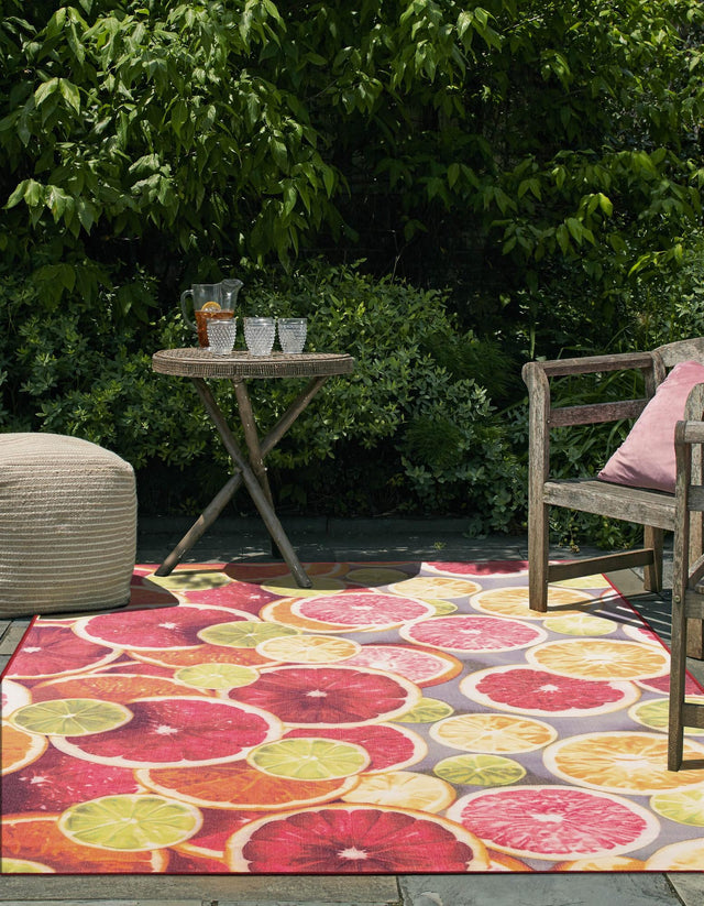 Rust Red and Yellow 4' 1 x 6' 1 Jill Zarin Caribbean Outdoor Rectangle Area Rug Weather Resistant for Patio, Deck, Terrace, Balcony, Porch 100% Premium Nylon Pile Coastal Carpet for Sale at Rug Engine