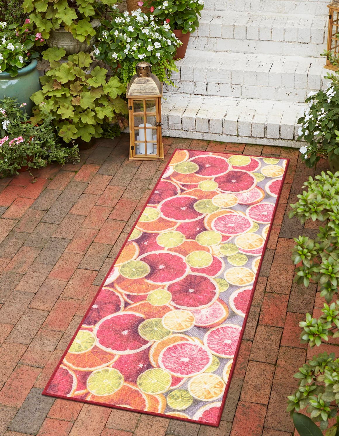 Rust Red and Yellow 2' x 6' 1 Jill Zarin Caribbean Outdoor Runner Area Rug Weather Resistant for Patio, Deck, Terrace, Balcony, Porch 100% Premium Nylon Pile Coastal Carpet for Sale at Rug Engine