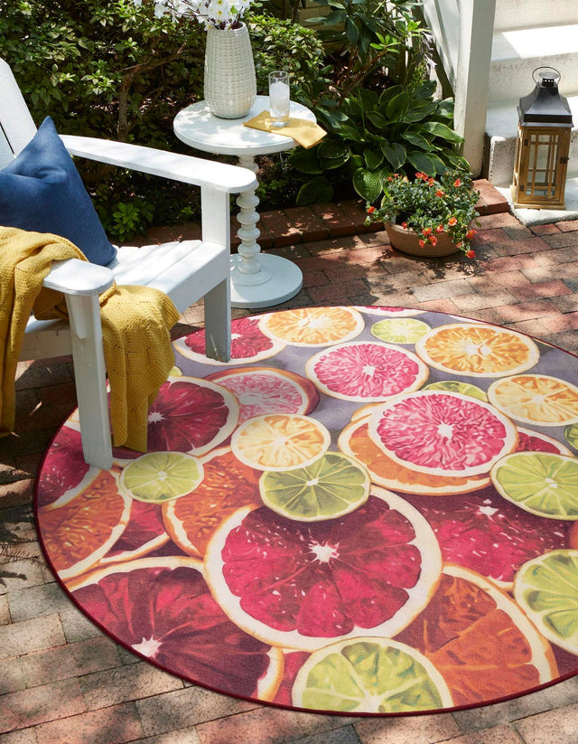 Rust Red and Yellow 10' x 10' Jill Zarin Caribbean Outdoor Round Area Rug Weather Resistant for Patio, Deck, Terrace, Balcony, Porch 100% Premium Nylon Pile Coastal Carpet for Sale at Rug Engine