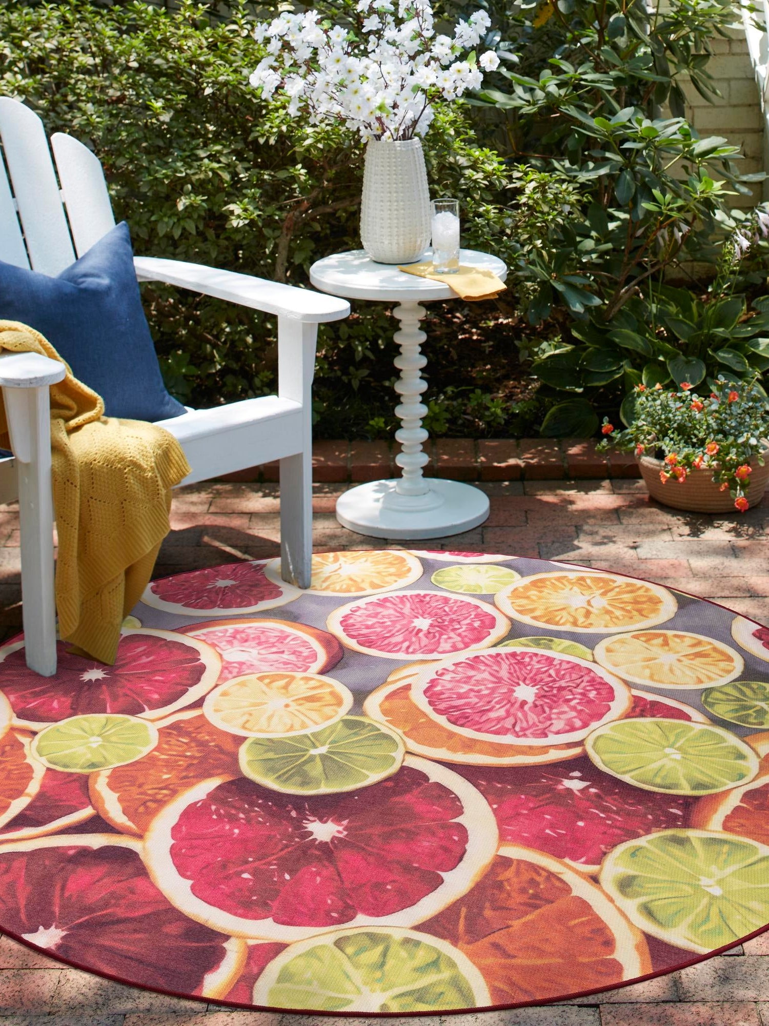 Rust Red and Yellow 10' x 10' Jill Zarin Caribbean Outdoor Round Area Rug Weather Resistant for Patio, Deck, Terrace, Balcony, Porch 100% Premium Nylon Pile Coastal Carpet for Sale at Rug Engine