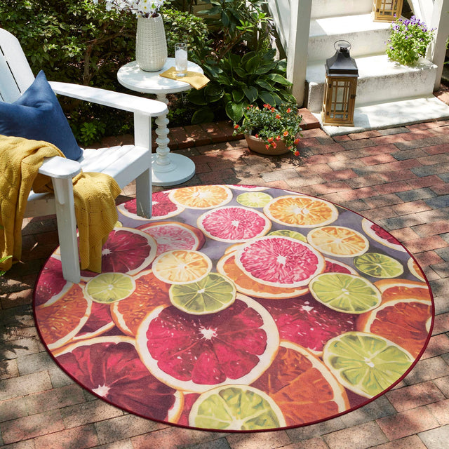 Rust Red and Yellow 3' 3 x 3' 3 Jill Zarin Caribbean Outdoor Round Area Rug Weather Resistant for Patio, Deck, Terrace, Balcony, Porch 100% Premium Nylon Pile Coastal Carpet for Sale at Rug Engine