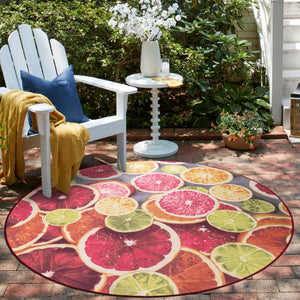 Rust Red and Yellow 3' 3 x 3' 3 Jill Zarin Caribbean Outdoor Round Area Rug Weather Resistant for Patio, Deck, Terrace, Balcony, Porch 100% Premium Nylon Pile Coastal Carpet for Sale at Rug Engine