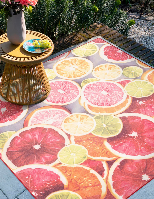 Rust Red and Yellow 7' 10 x 7' 10 Jill Zarin Caribbean Outdoor Square Area Rug Weather Resistant for Patio, Deck, Terrace, Balcony, Porch 100% Premium Nylon Pile Coastal Carpet for Sale at Rug Engine