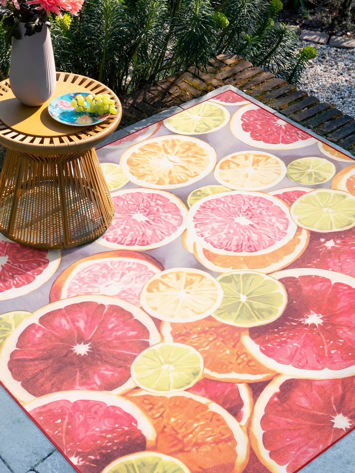 Rust Red and Yellow 10' x 10' Jill Zarin Caribbean Outdoor Square Area Rug Weather Resistant for Patio, Deck, Terrace, Balcony, Porch 100% Premium Nylon Pile Coastal Carpet for Sale at Rug Engine