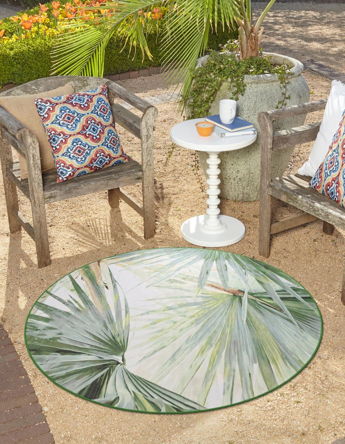 Green 3' 3 x 3' 3 Jill Zarin Caribbean Outdoor Round Area Rug Weather Resistant for Patio, Deck, Terrace, Balcony, Porch 100% Premium Nylon Pile Coastal Carpet for Sale at Rug Engine